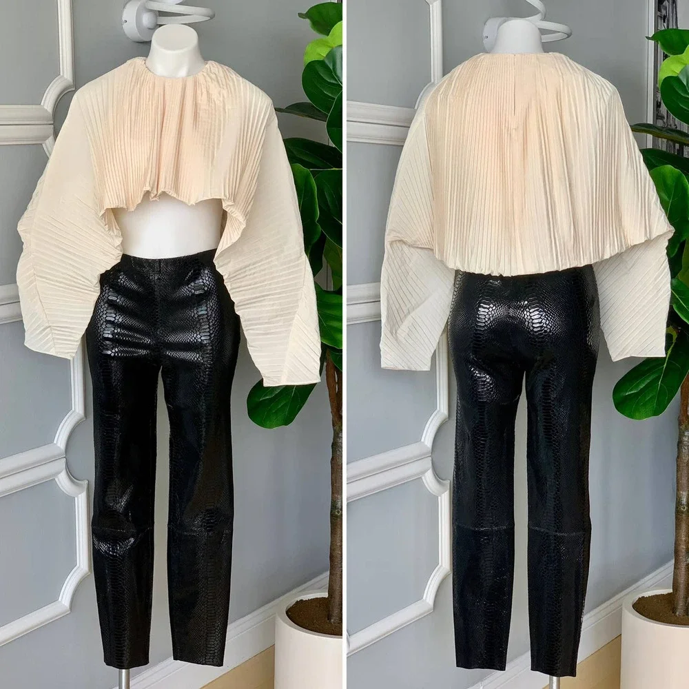 GIA Studios Plissé Taffeta Cropped Cape Top in Ivory Size Medium - Picture 9 of 12